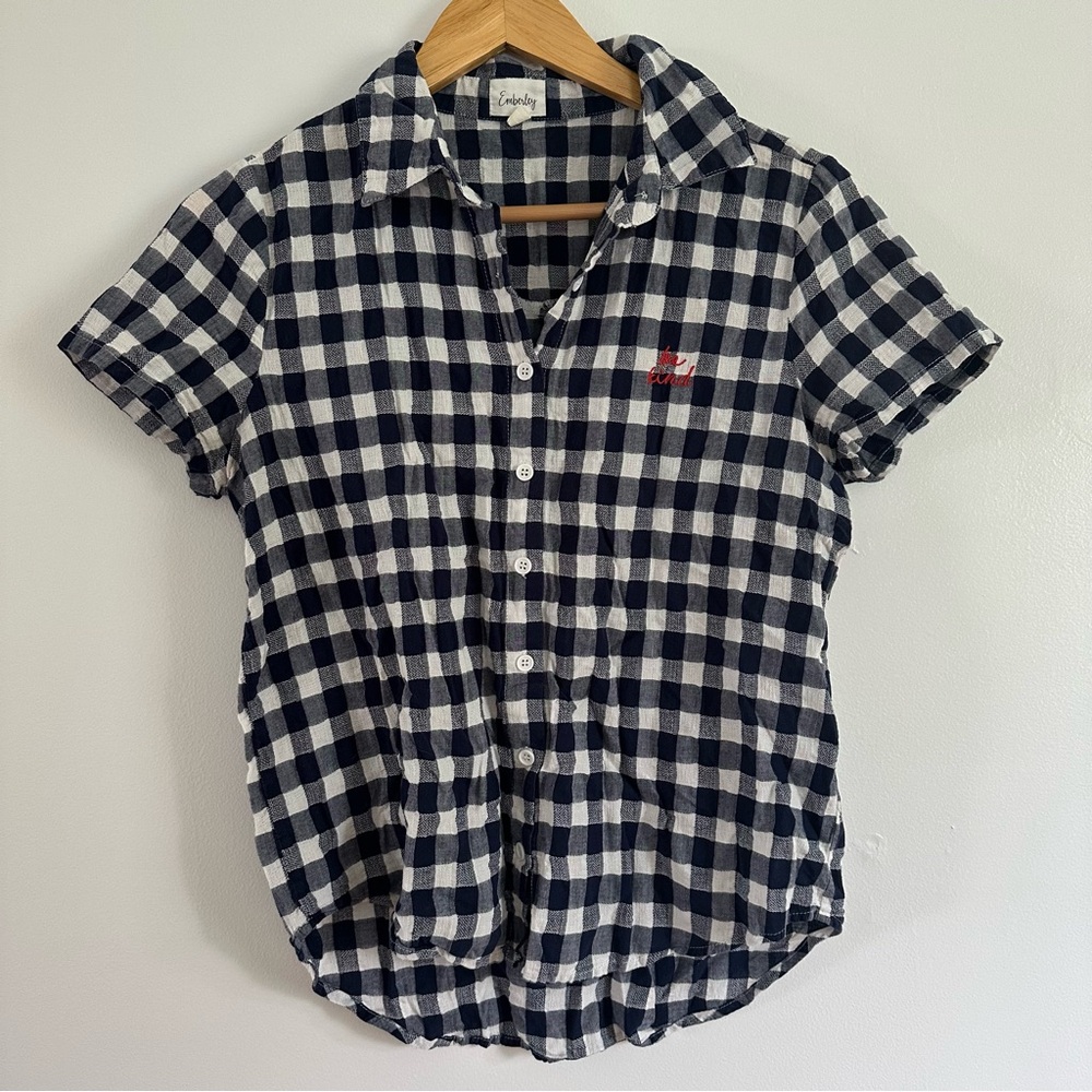 Emberley Blue and White gingham plaid buffalo check Casual Button Down Shirt